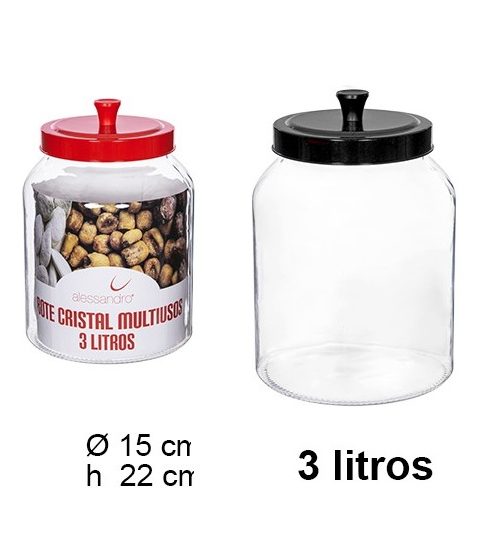 Pack 6 Botes Cristal Tapa negra/roja 3L / Medida 22x15x15cm