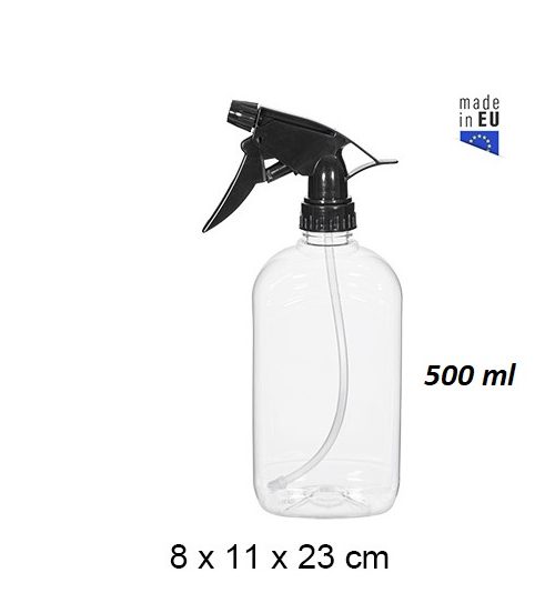Pack 18 Botellas Plástico Ovalada PET c/pulverizador Negro 500ml / Medidas 8x11x23cm