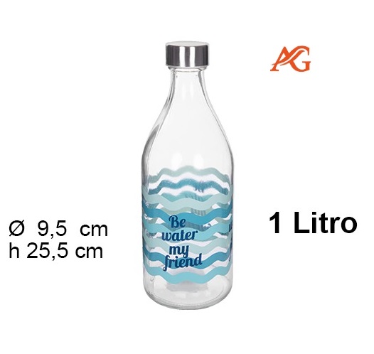 Pack 12 Botellas Cristal Agua Decorada c/Tapa Acero 1 litro / Medida  25,5x9,5x9,5cm