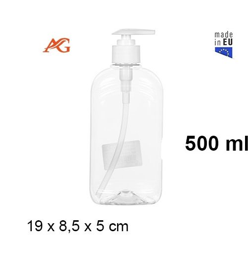 Pack 18 Botellas Plástico c/dosificador Ovalada 500ml / Medida19x8.5x5cm