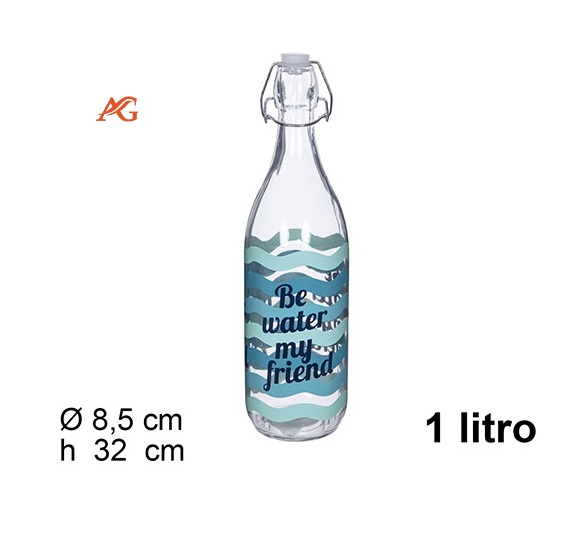 Pack 12 Botellas Cristal Agua Tapón Gaseosa Decorada Olas 1 litro