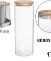Pack 6 Botes Borosilicato c/tapa Bambú 1700ml / Medidas 29x10cm