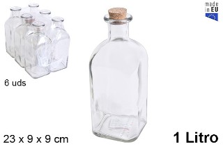 Pack 24 Botellas Cristal Cuadrada Natural c/tapón Corcho 500ml / Medidas  26x6,5x6,5cm