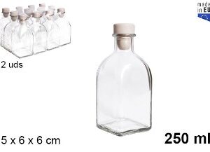 Pack 12 Botellas Cristal Frasca Natural c/tapón Corcho 250ml / Medidas  15x6x6cm