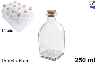 Pack 12 Botellas Cristal Frasca Natural c/tapón Corcho 250ml / Medidas  15x6x6cm
