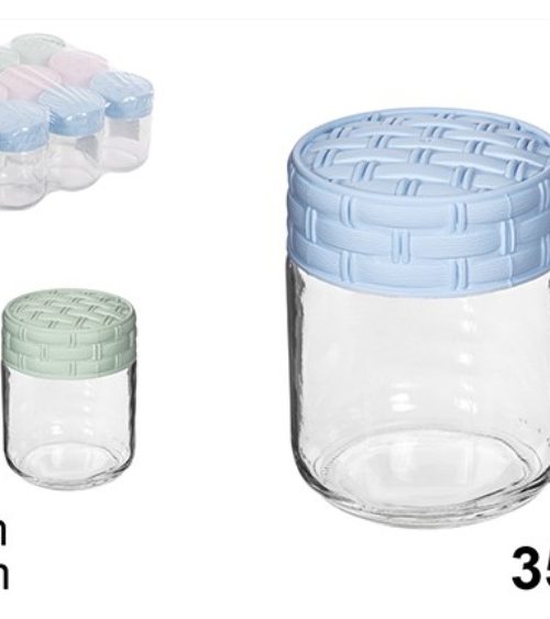 Pack 12 Bote Cristal 350ml. c/Tapa Ratán Colores Pastel/Medidas 8x8x10cm