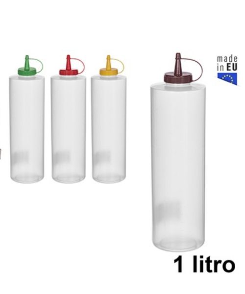 Pack 12 Botes  Salsa 1L Plastico  Transparente c/Tapa Colores Surtidos /Medidas 26,5x7,5cm