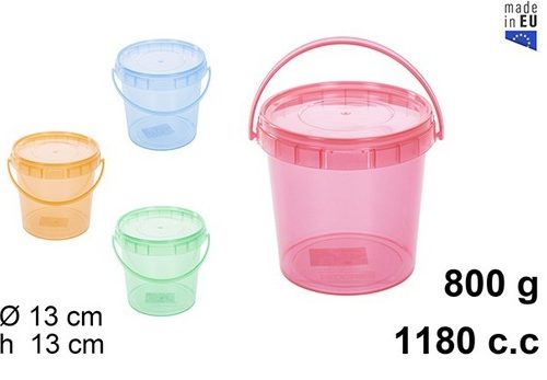 Pack 12 Envases Multiusos Plástico / Colores Translucidos 1180 c.c (800g) / Medidas 13X13X13cm