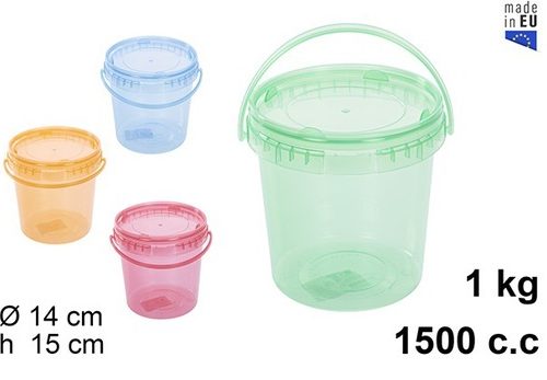 Pack 12 Envases Multiusos Plástico / Colores Translucidos 1500 c.c (1 kg) / Medidas 14X14X15cm