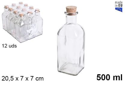 Pack 12 Botellas Cristal Frascas / Natural c/Tapón Corcho 500 ml / Medidas  20x7x7cm