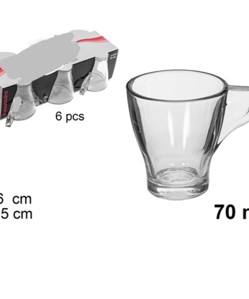 Pack 72 Tazas Cristal Café Luxor con asa 70 ml / Medidas 11x25x7cm
